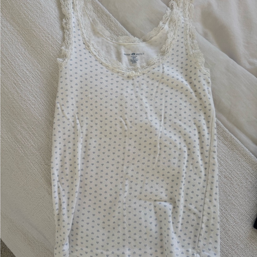 Brandy Melville Women's White Lace-Trim Tank with light blue Heart Print